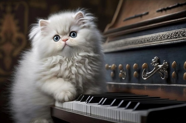 Adorable chat persan blanc au piano