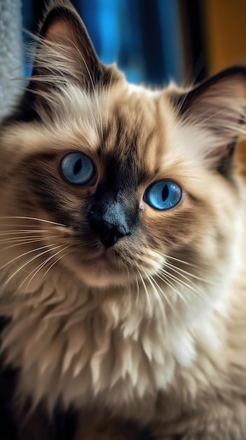 Adorable chat Ragdoll aux yeux bleus de style beige foncé et bleu ciel parfait pour les amoureux des animaux AI générative