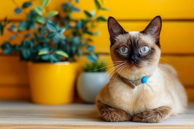 Un adorable chat siamois aux yeux bleus assis gracieusement à l'intérieur d'une maison à côté de plantes en pot