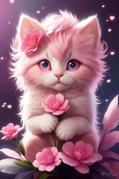 Adorable chat utilisant une expression de guérison rose et blanche choquante