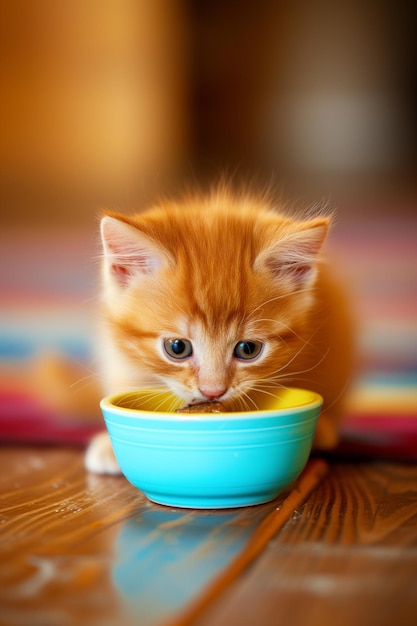 Un adorable chaton au gingembre qui profite d'un repas dans un bol bleu.