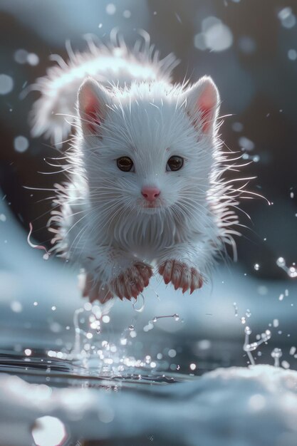 Adorable chaton blanc mouillé saute au milieu de l'eau avec des éclaboussures dans un cadre de rêve