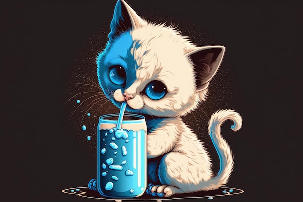 Adorable chaton buvant du lait dans un dessin de symbole de dessin animé isolé en prime