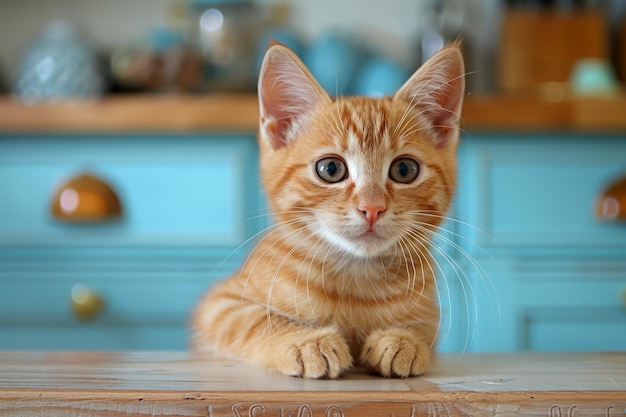 Un adorable chaton en gingembre assis sur une table en bois contre un fond d'armoire bleue dans un environnement domestique confortable