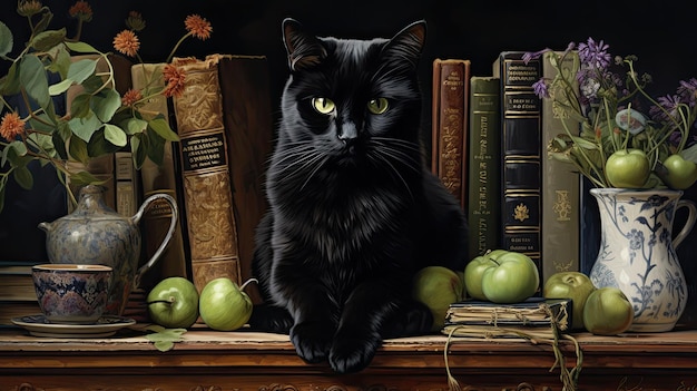 Un adorable chaton noir avec une pomme Nature morte d'un mignon chat domestique et des fruits