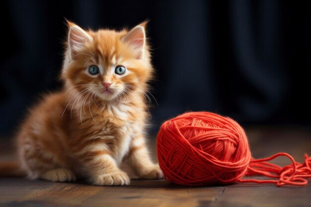 Un adorable chaton orange joue avec une boule de fil sur le sol en bois