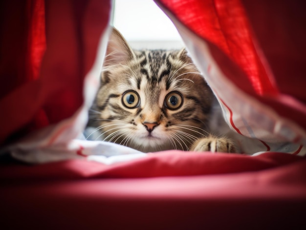 adorable chaton regardant derrière un rideau