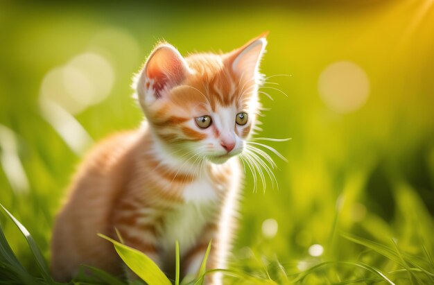 Photo un adorable chaton rouge est assis sur l'herbe par une journée ensoleillée.