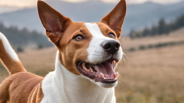 Adorable chien basenji brun et blanc souriant et donnant un high five isolé sur le blanc