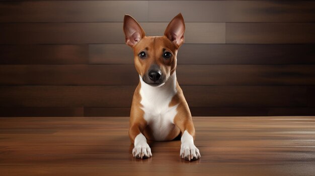 Photo un adorable chien basenji présente fièrement un grand panneau blanc dans un studio parfait pour partager votre message ce mignon chien pose sur un sol en bois brun rustique