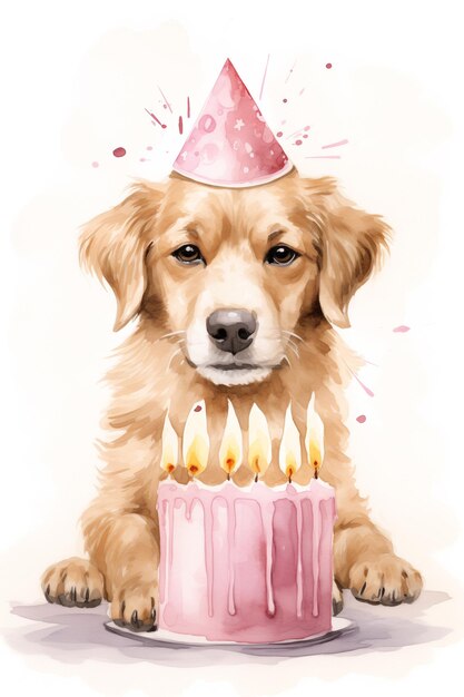 Adorable chien célèbre l'anniversaire avec un gâteau et des bougies dans une illustration à l'aquarelle