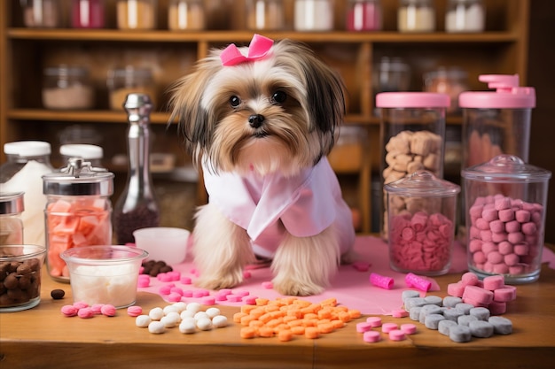 Un adorable chien célèbre la Saint-Valentin avec des bonbons roses ludiques et un charme réconfortant