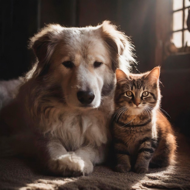 Adorable chien et chat à l'intérieur