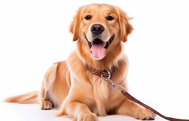 Adorable chien Golden Retriever avec laisse sur fond blanc
