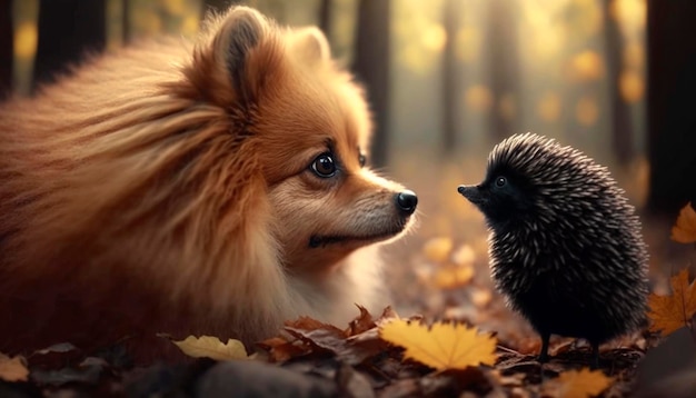 Adorable chien de Poméranie et un petit hérisson se reniflant en automne