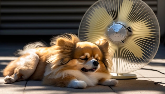 Adorable chien de Poméranie se rafraîchir devant un ventilateur en été