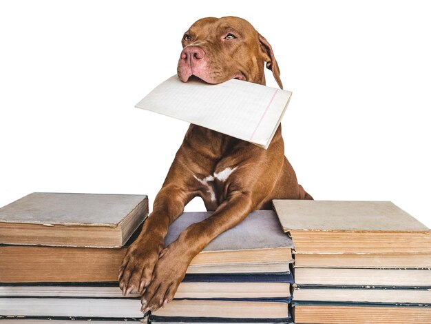 Adorable chiot adorable et livres vintage Gros plan fond isolé Studio shot lumière du jour Concept de soins éducation obéissance formation et élevage d'animaux de compagnie