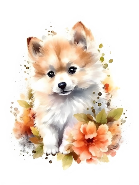 Adorable chiot aquarelle mignon avec des fleurs tendres Illustration créative Ai générative