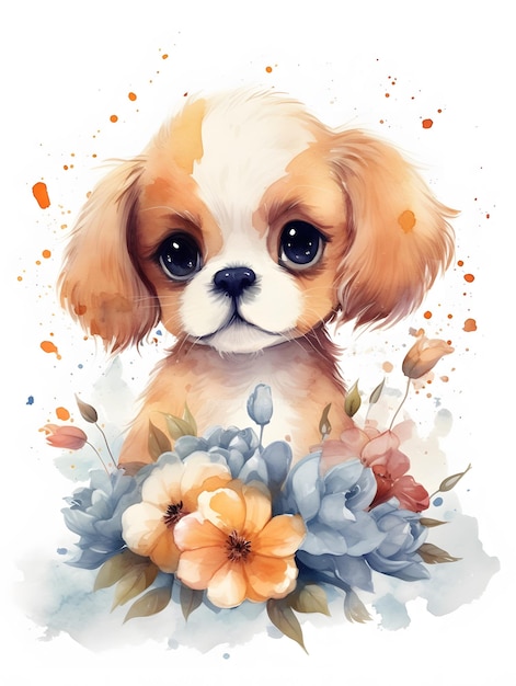 Adorable chiot aquarelle mignon avec des fleurs tendres Illustration créative Ai générative