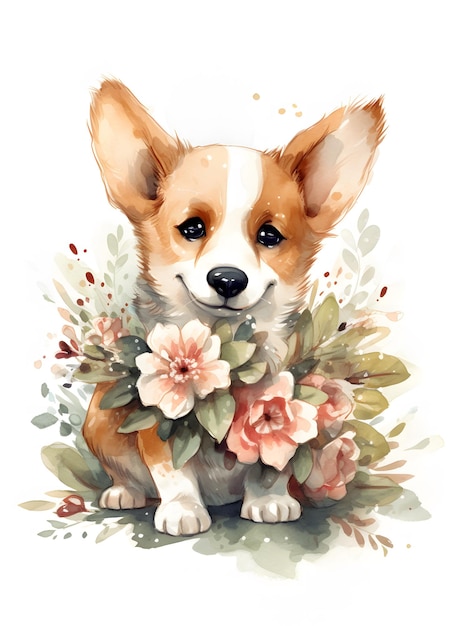 Adorable chiot aquarelle mignon avec des fleurs tendres Illustration créative Ai générative