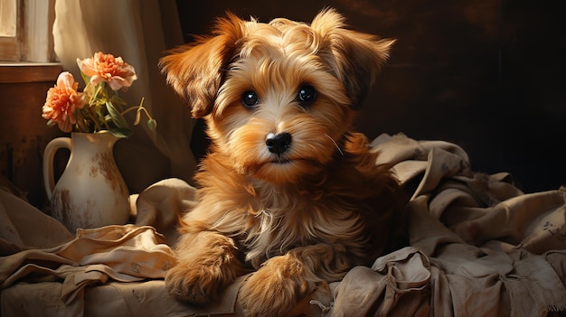 Photo adorable chiot avec un arc brun