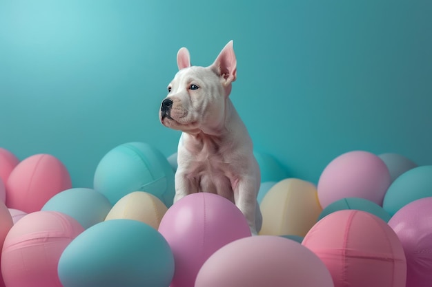 Adorable chiot blanc assis parmi des ballons colorés sur un fond bleu teal Joli portrait d'animal de compagnie