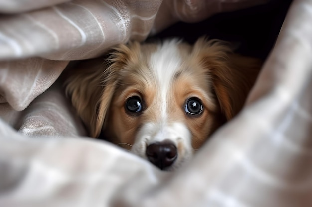 Adorable chiot caché et furtivement à partir d'une couverture générée par l'IA