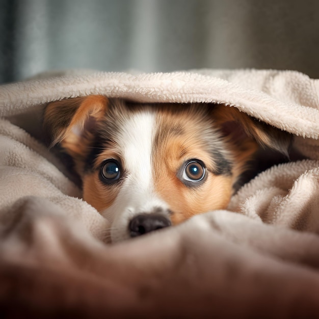 Adorable chiot caché et furtivement à partir d'une couverture générée par l'IA