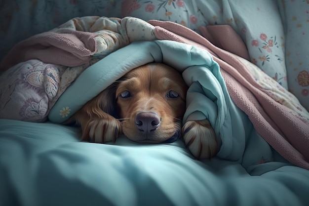 Adorable chiot câlin dans un lit humain AI générative