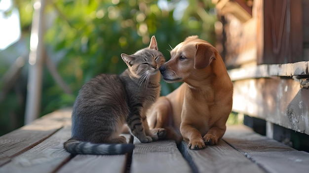 Adorable chiot et chaton amitié sincère compagnie animale capturée à l'extérieur charmante photographie d'animaux de compagnie IA