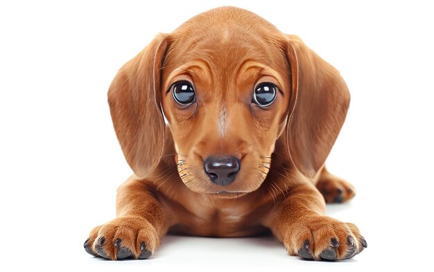 Photo adorable chiot de dachshund avec des cheveux courts bruns un portrait en solo sur un plan en solo blanc