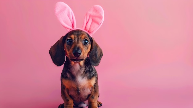 Adorable chiot de dachshund portant des oreilles de lapin roses parfait pour les félicitations de Pâques et la mode de l'animal de compagnie Cute Dog avec thème de Pâque sur fond rose AI