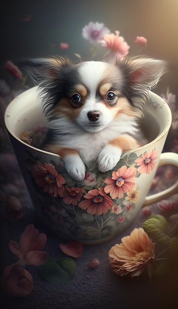 Adorable chiot dans une tasse de thé AI générative