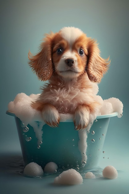 Adorable chiot éclaboussant dans une baignoire