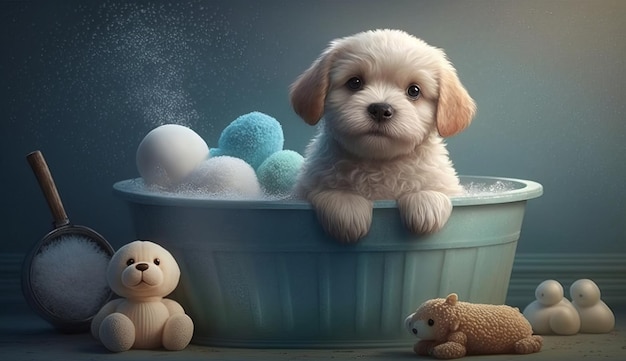 Adorable chiot éclaboussant dans une baignoire