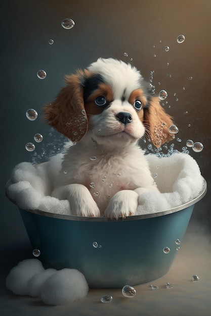 Adorable chiot éclaboussant dans une baignoire