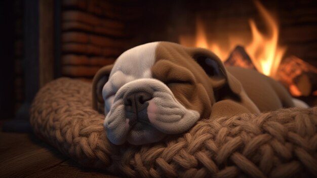 Adorable chiot endormi près d'un feu chaud