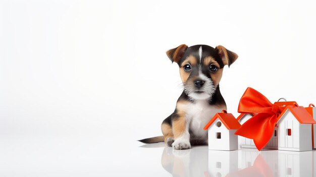 Un adorable chiot de Jack Russell Terrier avec la clé de son nouvel appartement