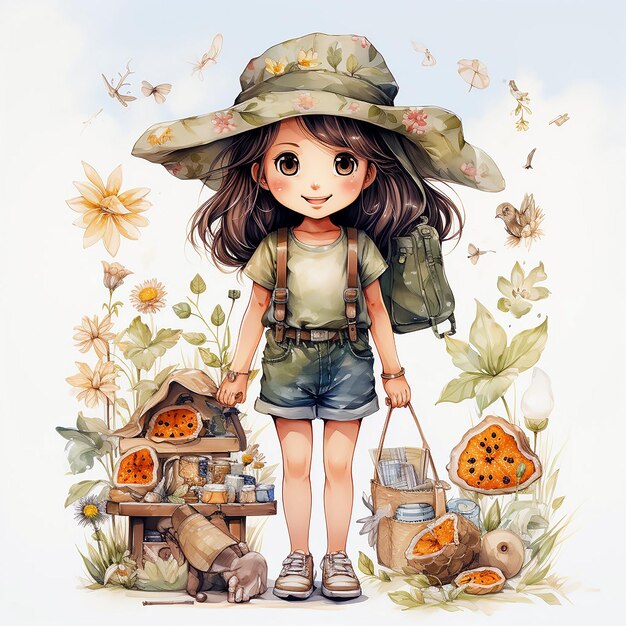 Adorable clipart aquarelle kawaiistyle d'été pour les filles