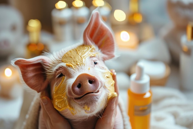 Photo adorable cochon de spa mignon et gâté cochon appréciant des traitements de spa relaxants une scène charmante et délicieuse de bien-être animal et d'indulgence parfait pour montrer la relaxation et la mignonnerie