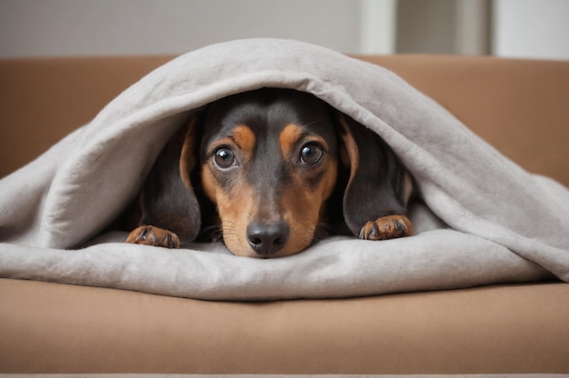 Photo un adorable dachshund qui regarde sous une photo de couverture