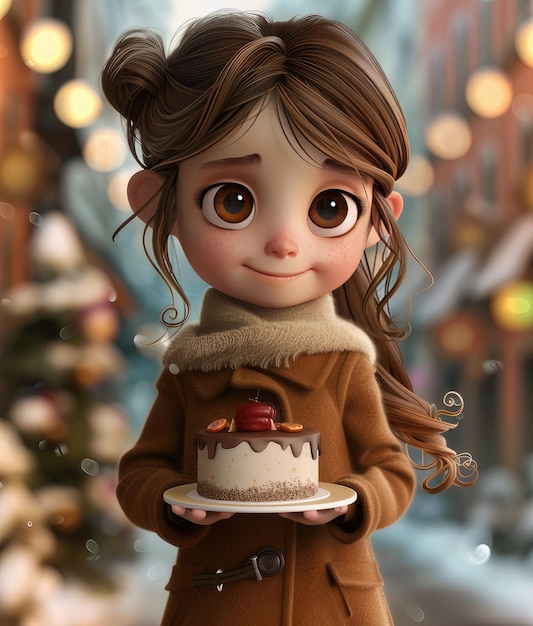 Photo adorable dessin animé 3d d'une fille d'hiver en brun avec un gâteau à la main