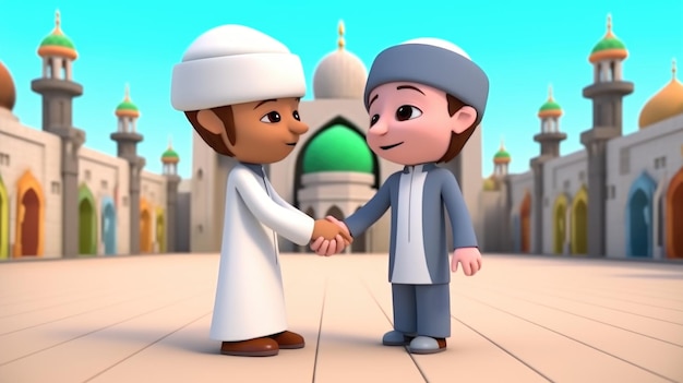 Adorable dessin animé Avatar de garçons musulmans se serrant la main mosquée sur fond Eid Mubarak Concept GenerativeAI Illustration numérique