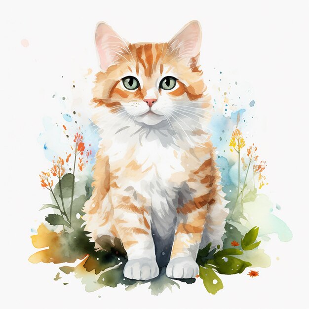 Photo adorable dessin d'aquarelle de chat sur fond blanc