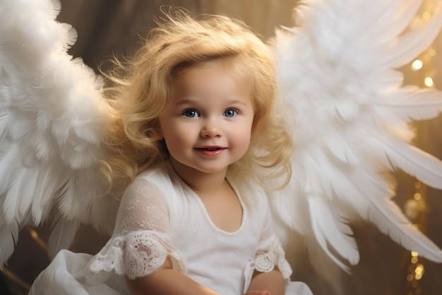 Photo adorable enfant angélique avec des ailes dorées et un sourire innocent