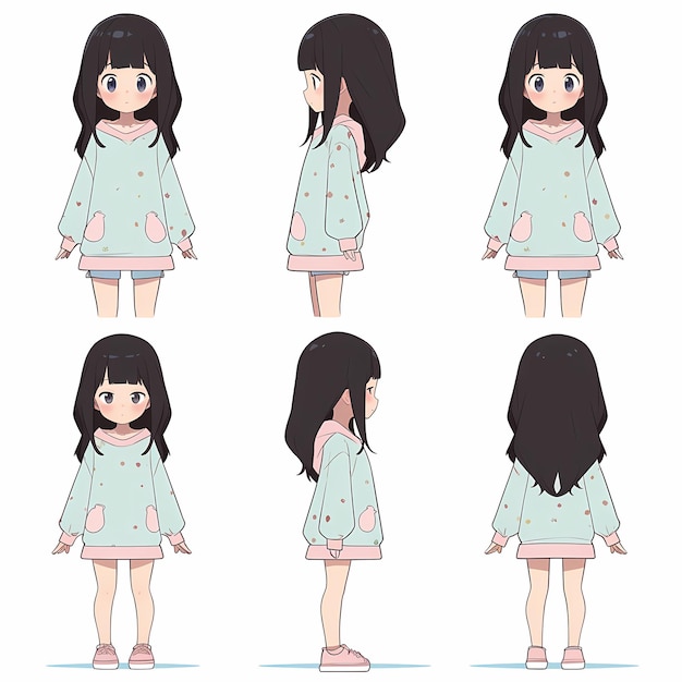 Adorable feuille de modèle de personnage d'anime Chibi Kawaii dans un style de dessin animé japonais mignon