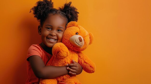 Une adorable fille africaine souriante avec un ours en peluche en studio.