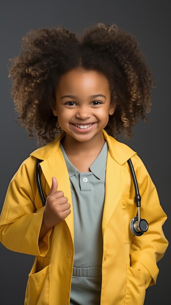 Photo adorable fille noire vêtue d'une combinaison de médecin imaginez votre future carrière high five yellow rearxa
