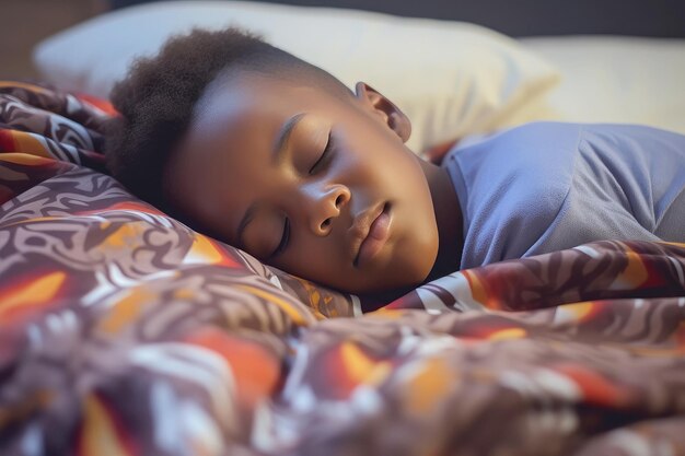 Un adorable garçon afro-américain dans un lit douillet