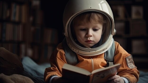 Adorable garçon lisant un livre dans un costume d'astronaute